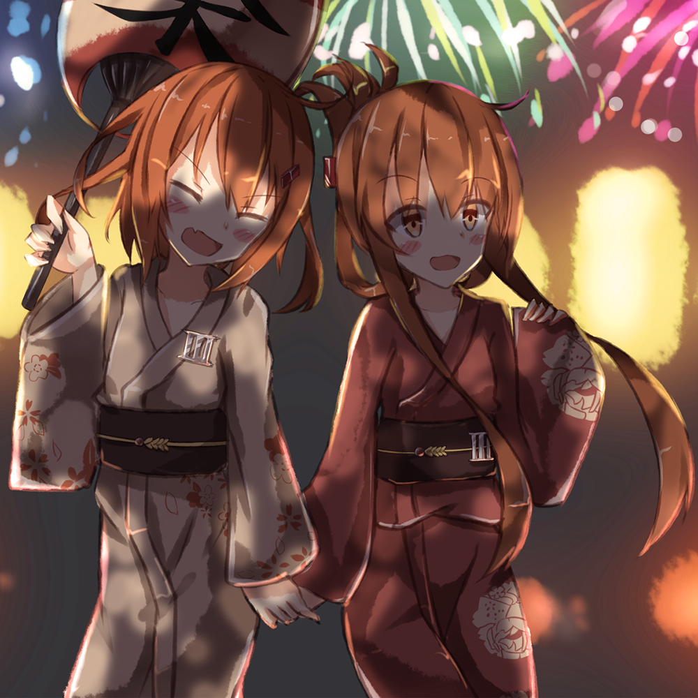 2girls brown_eyes brown_hair child fang fireworks hair_ornament hairclip ikazuchi_(kantai_collection) inazuma_(kantai_collection) japanese_clothes kantai_collection kimono long_sleeves multiple_girls p.k.f short_hair