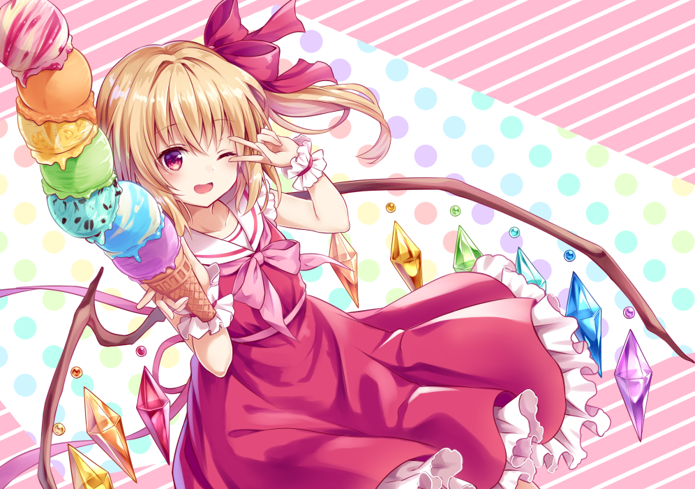 ;d arm_up bangs blonde_hair blush bow collarbone commentary_request crystal diagonal-striped_background diagonal_stripes dress eyebrows_visible_through_hair flandre_scarlet food frilled_dress frills hair_between_eyes hair_bow holding holding_food ice_cream ice_cream_cone kure~pu long_hair one_eye_closed one_side_up open_mouth pink_bow polka_dot polka_dot_background red_bow red_dress red_eyes sailor_collar sailor_dress smile striped striped_background touhou v_over_eye white_sailor_collar wings wrist_cuffs