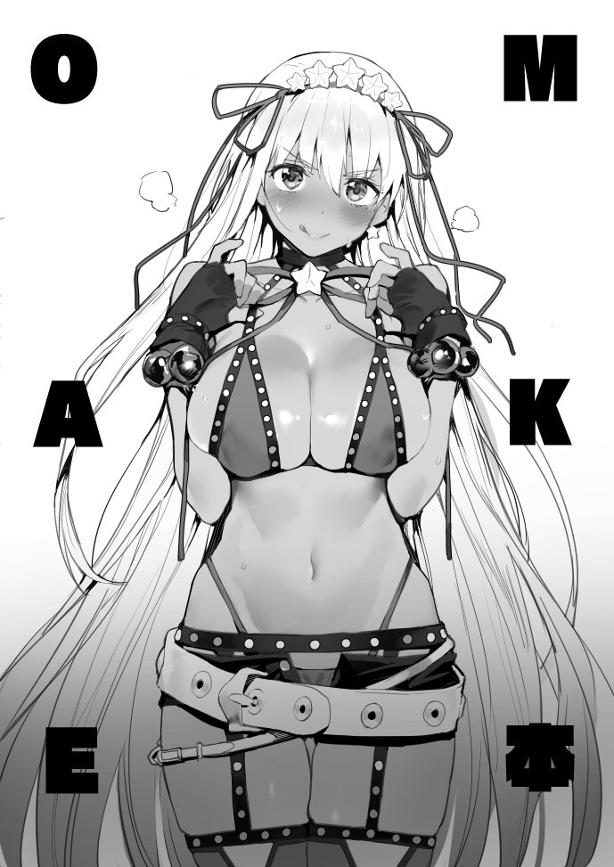 1girl :q bb_(fate/extra_ccc) bead_bracelet beads bikini blush bracelet breasts covered_nipples earrings fate/grand_order fate_(series) fingerless_gloves garter_belt gloves groin hair_ribbon jaga_yamatarawo jewelry large_belt large_breasts long_hair looking_at_viewer monochrome navel ribbon simple_background smile solo star star_earrings swimsuit tan tongue tongue_out white_background