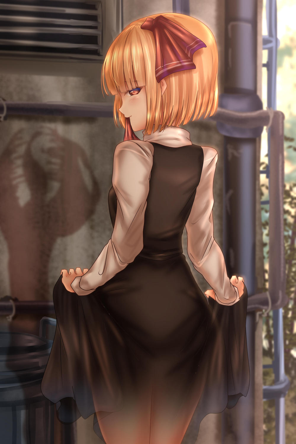 1girl arched_back ass bangs black_dress blunt_bangs blunt_ends blush closed_mouth commentary_request day dress dress_lift from_behind hair_ribbon half-closed_eyes highres legs_together lifted_by_self long_sleeves looking_at_viewer looking_back nape neckwear_request orange_eyes orange_hair outdoors outstretched_wrists profile red_neckwear red_ribbon ribbon rumia see-through shadow short_hair shounen_(hogehoge) solo standing touhou wide_hips wing_collar