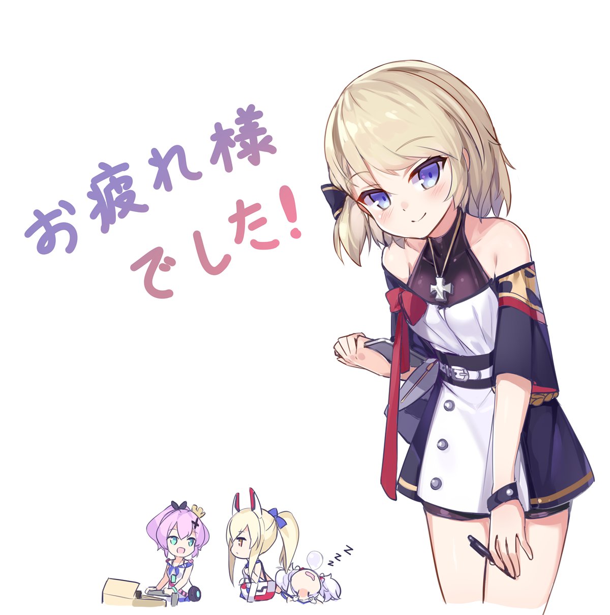 4girls alternate_costume ayanami_(azur_lane) azur_lane blonde_hair blue_eyes chibi commentary_request hair_ornament hairclip highres javelin_(azur_lane) jewelry kaede_(003591163) laffey_(azur_lane) looking_at_viewer multiple_girls necklace pen simple_background sleeping smile translated violet_eyes z23_(azur_lane) zzz