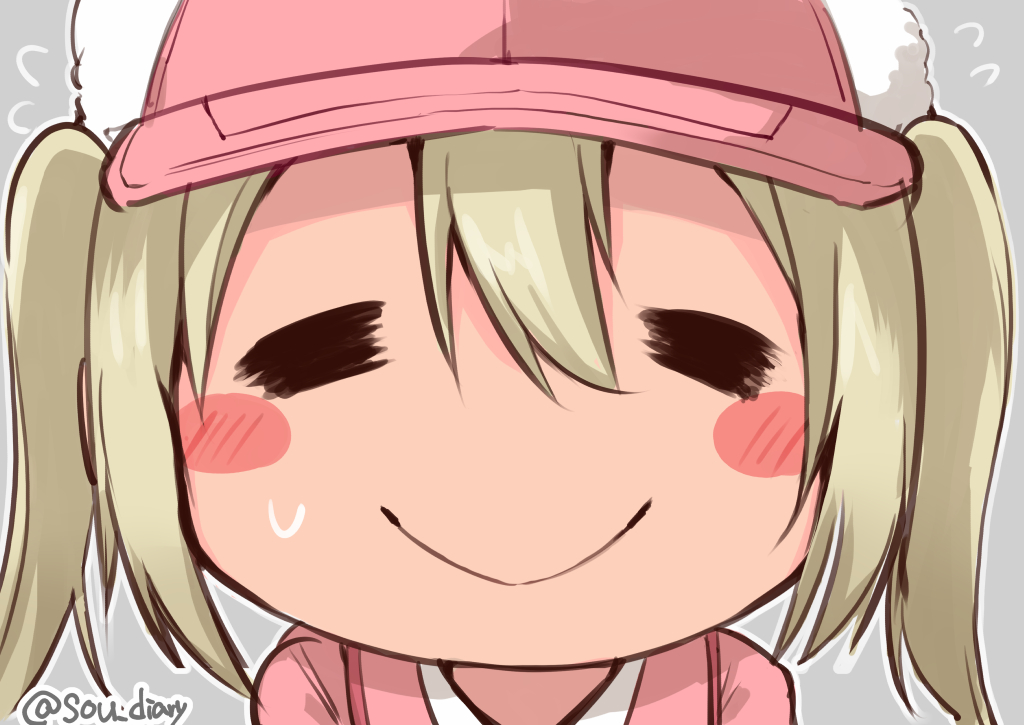 1girl =_= artist_name blonde_hair blush blush_stickers closed_eyes commentary_request doyagao employee_uniform eosinophil_(hataraku_saibou) face happy hat hataraku_saibou pink_hat pink_shirt shirt smile smug sou_(soutennkouchi) sweatdrop twintails uniform