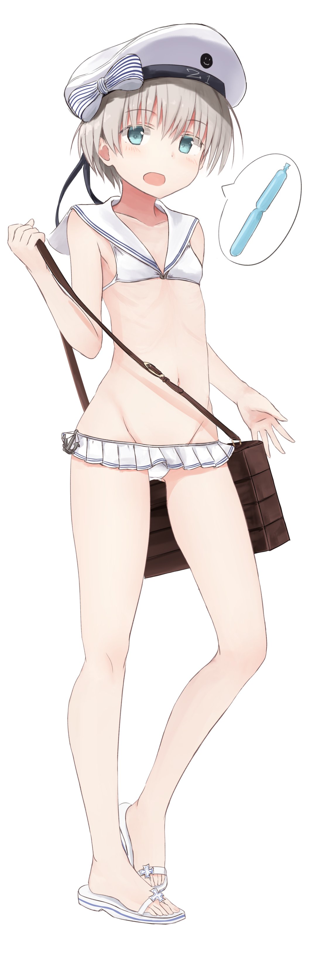 1girl :d absurdres bag bangs bikini bikini_skirt blue_eyes bow breasts character_name collarbone eyebrows_visible_through_hair full_body gluteal_fold groin hat hat_bow highres holding holding_bag kantai_collection looking_at_viewer navel open_mouth sailor_bikini sailor_collar sailor_hat sandals short_hair silver_hair simple_background small_breasts smile smiley_face solo standing striped striped_bow swimsuit thought_bubble tupet white_background white_bikini white_hat yuki_(yukin0128) z1_leberecht_maass_(kantai_collection)