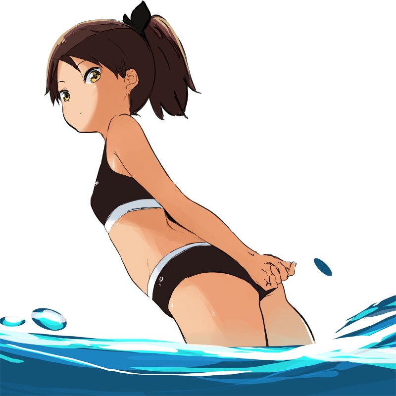 1girl abe_kanari arms_behind_back bikini brown_eyes brown_hair cowboy_shot from_behind kantai_collection looking_at_viewer ponytail school_uniform serafuku shikinami_(kantai_collection) short_hair simple_background solo swimsuit water white_background