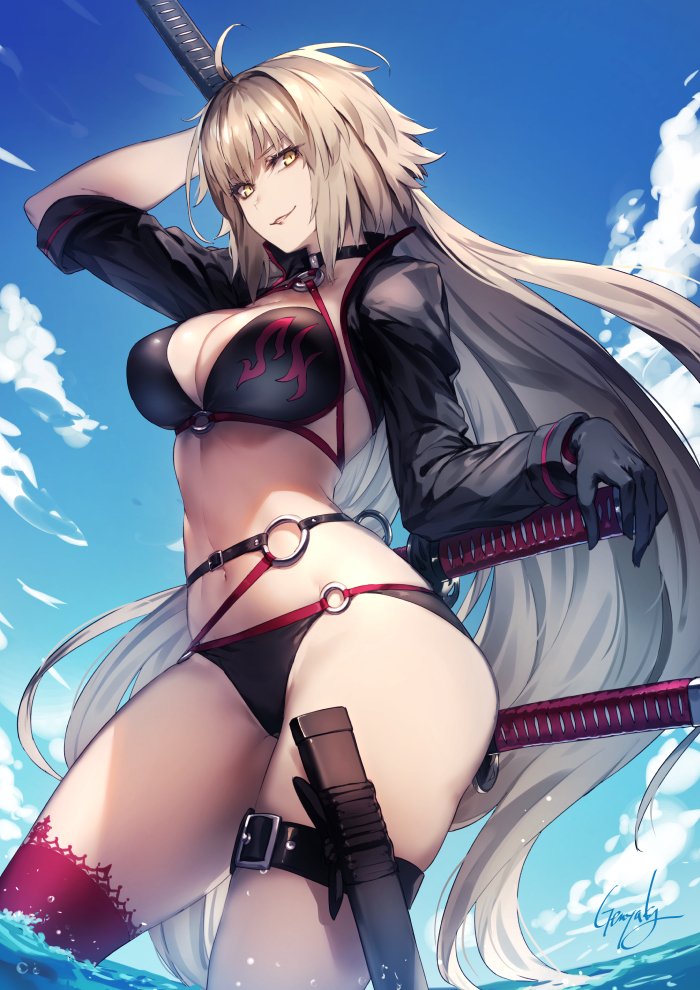1girl ahoge bangs bikini black_bikini black_jacket blush breasts choker cleavage clouds cloudy_sky collarbone commentary_request eyebrows_visible_through_hair fate/grand_order fate_(series) gloves hair_between_eyes holding holding_sword holding_weapon jacket jeanne_d'arc_(alter_swimsuit_berserker) jeanne_d'arc_(fate)_(all) kyouya_(mukuro238) large_breasts long_hair o-ring ocean signature sky solo swimsuit sword thigh-highs thigh_strap weapon yellow_eyes
