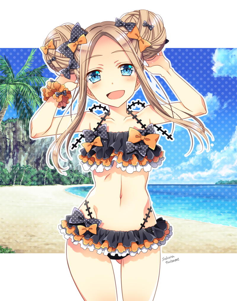 1girl :d abigail_williams_(fate/grand_order) arms_up bare_shoulders beach bikini black_bikini black_bow blue_eyes blue_sky blush bow clouds collarbone commentary_request day double_bun emerald_float eyebrows_visible_through_hair fate/grand_order fate_(series) forehead hair_bow head_tilt horizon light_brown_hair long_hair looking_at_viewer navel ocean open_mouth orange_bow palm_tree polka_dot polka_dot_bow sakura_tsubame sand side_bun sidelocks sky smile solo swimsuit tree water