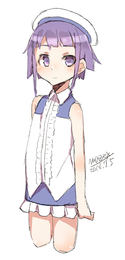 1girl bare_arms bare_shoulders beret blue_skirt blush center_frills closed_mouth cropped_legs dated frilled_skirt frills hat light_smile looking_at_viewer maze_(gochama_ze_gohan) original purple_hair shirt sidelocks signature simple_background sketch skirt sleeveless sleeveless_shirt solo standing violet_eyes white_background white_hat white_shirt