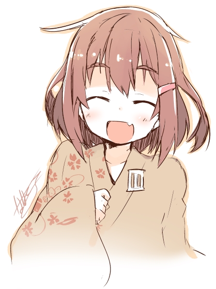 1girl blush brown_hair closed_eyes fang hair_ornament hairclip ikazuchi_(kantai_collection) japanese_clothes kantai_collection kimono long_sleeves multiple_girls nanateru open_mouth short_hair smile