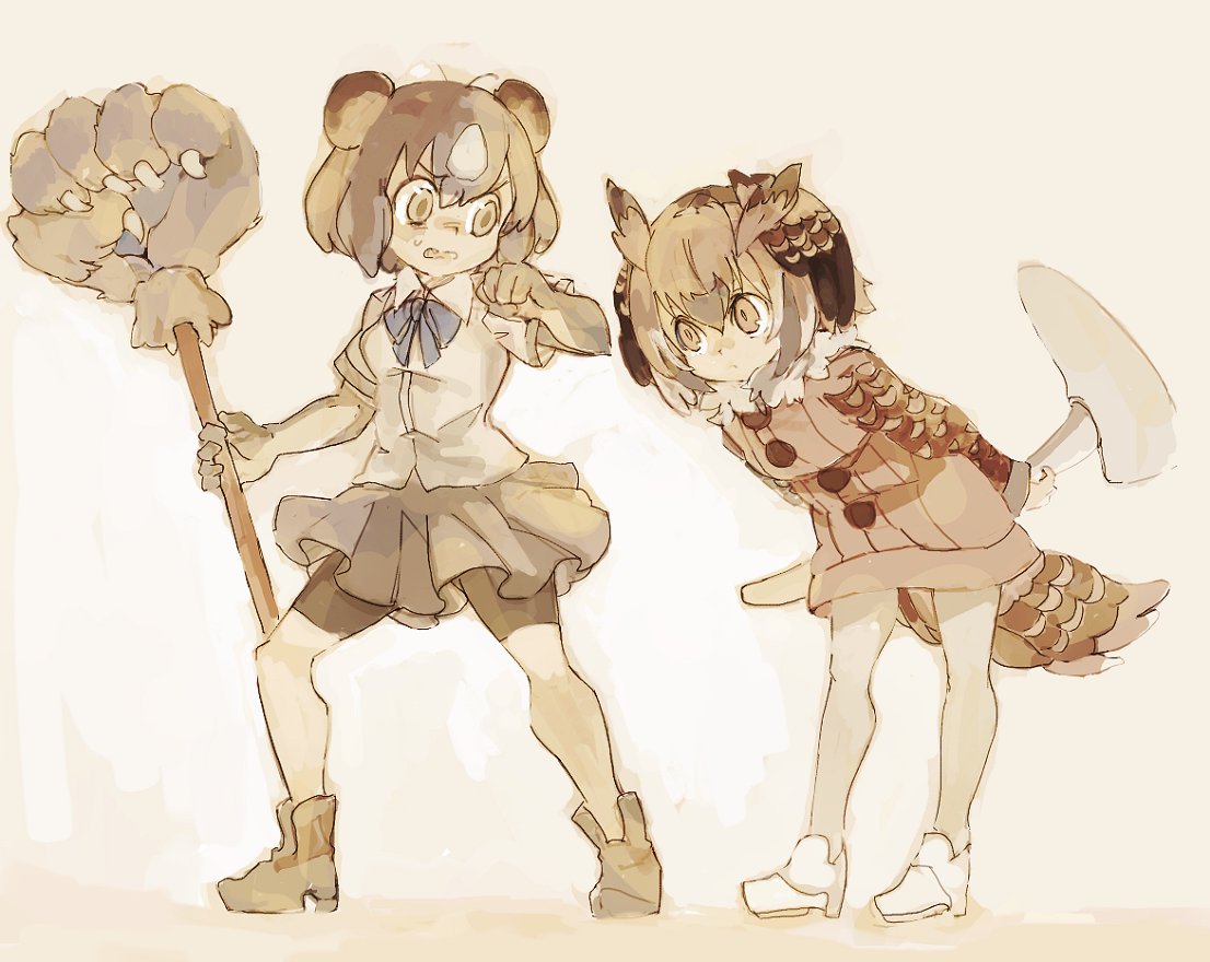 2girls animal_ears arms_behind_back bear_ears bear_paw_hammer bear_tail bike_shorts bird_tail bird_wings boots bow bowtie brown_bear_(kemono_friends) brown_hair buttons cane coat collared_shirt commentary_request elbow_gloves eurasian_eagle_owl_(kemono_friends) eyebrows_visible_through_hair fur_collar gloves head_wings kemono_friends konabetate long_sleeves multicolored_hair multiple_girls owl_ears pantyhose pleated_skirt shirt short_hair short_sleeves shorts shorts_under_skirt skirt sweatdrop tail weapon white_hair wings