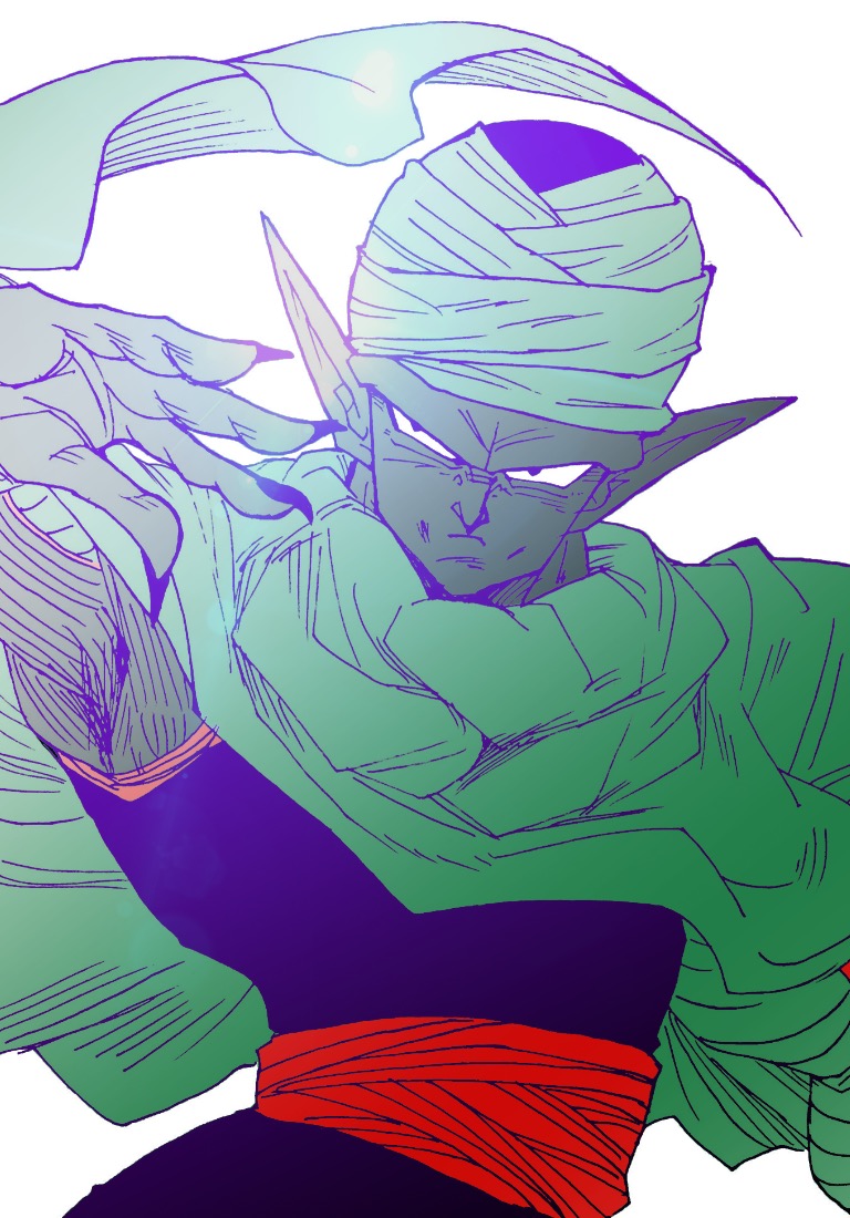 1boy black_eyes cape dragon_ball dragonball_z dutch_angle expressionless fingernails hand_up long_fingernails looking_away male_focus piccolo pointy_ears serious simple_background tetsuyo turban upper_body white_background
