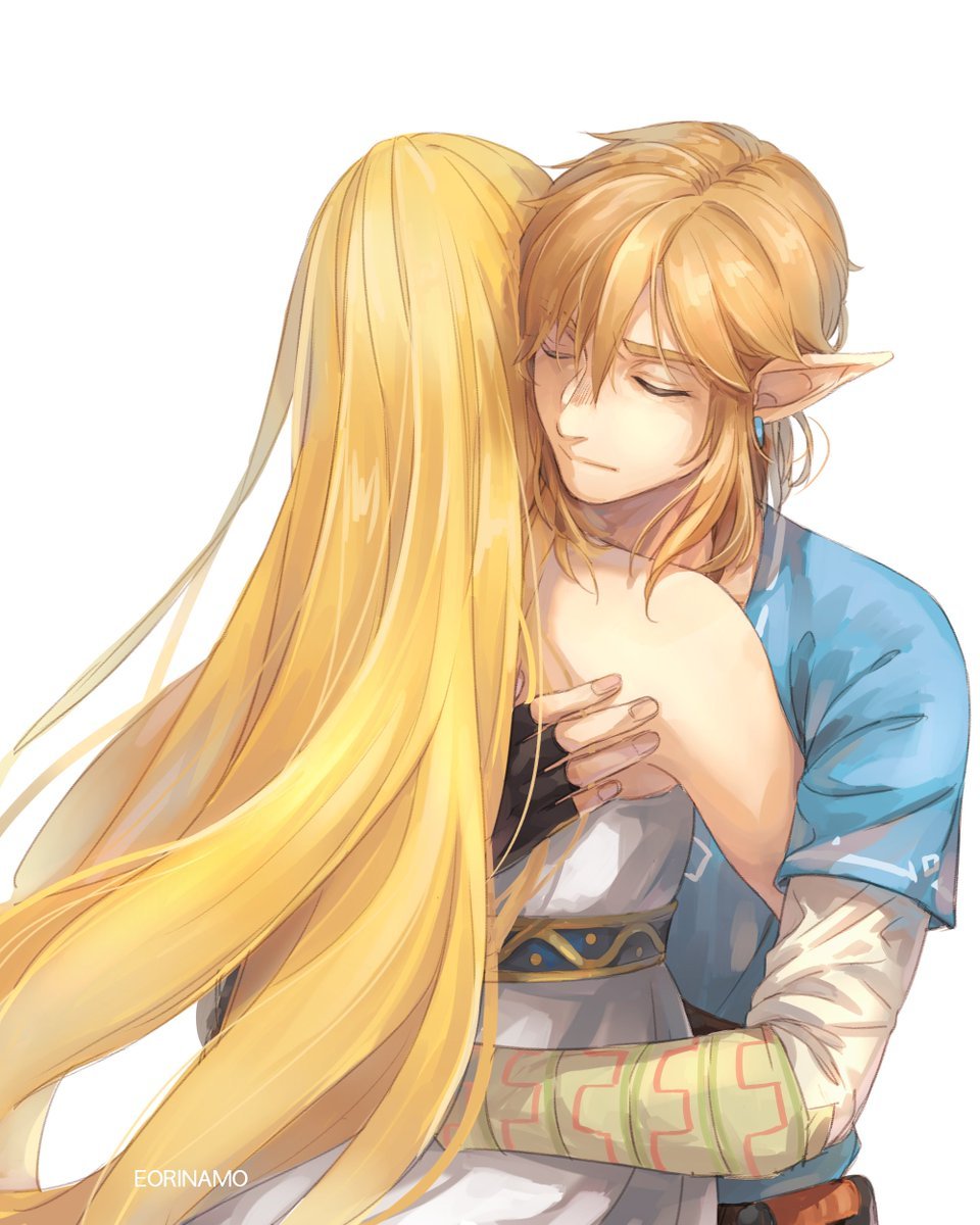 1boy 1girl artist_name bangs bare_shoulders blonde_hair blue_tunic closed_eyes closed_mouth dress earrings eorinamo fingerless_gloves from_behind gloves hair_between_eyes highres holding_another hug jewelry link long_hair long_sleeves pointy_ears princess_zelda standing strapless the_legend_of_zelda very_long_hair white_dress