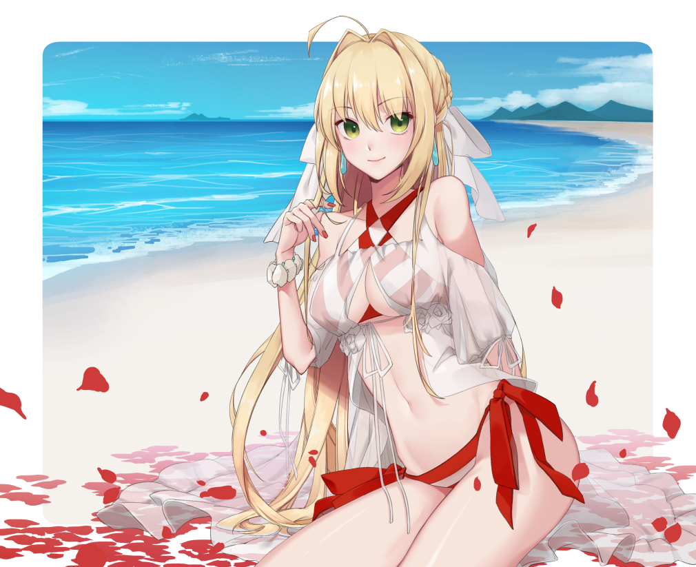 1girl bikini blonde_hair blush breasts closed_mouth fate/grand_order fate_(series) green_eyes long_hair looking_at_viewer nero_claudius_(fate) nero_claudius_(fate)_(all) qb_516 simple_background sitting smile solo swimsuit tagme