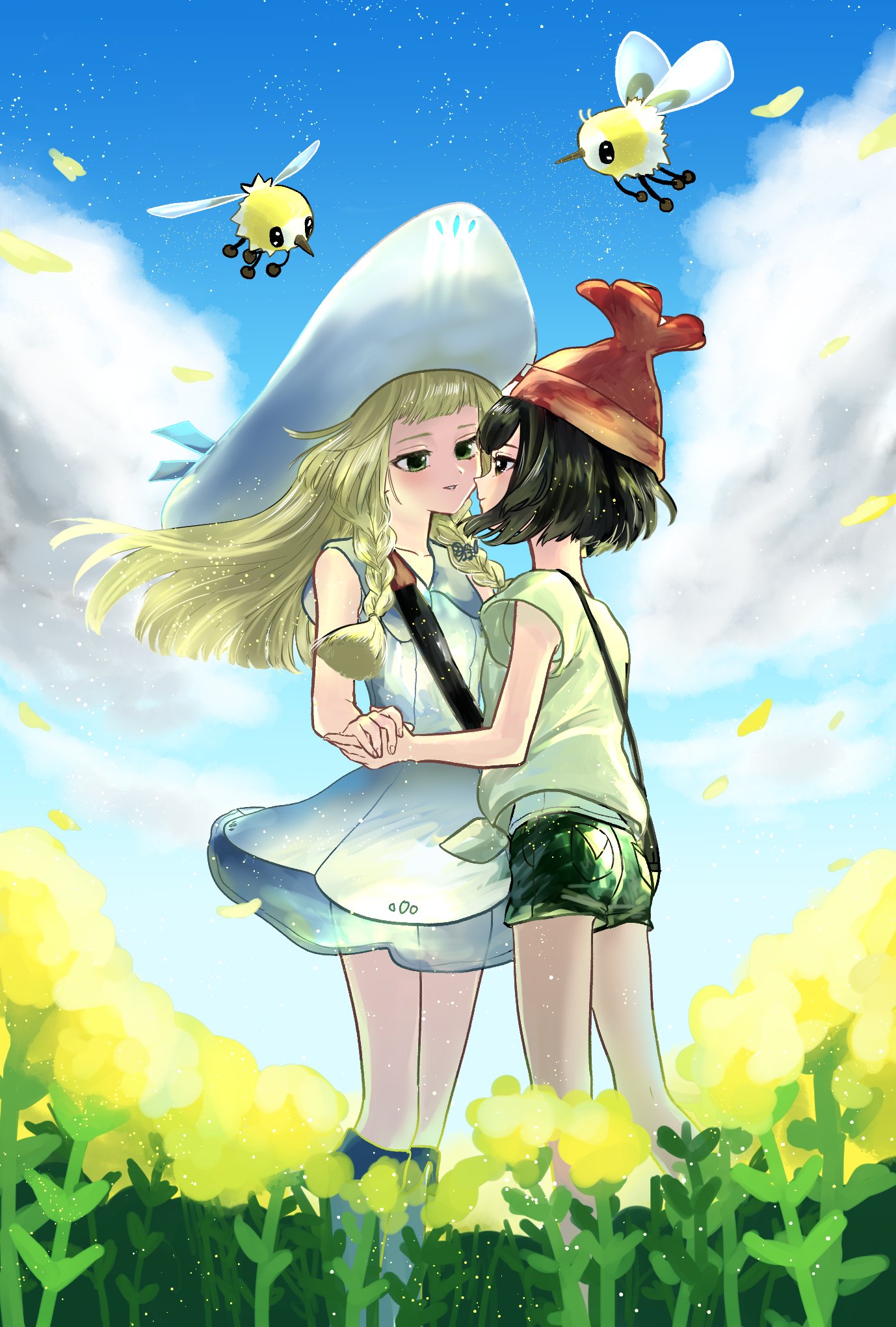 2girls bangs beanie black_hair blonde_hair blue_sky blush clouds couple creatures_(company) cutiefly dress eye_contact face-to-face game_freak gen_7_pokemon green_eyes green_shorts grey_eyes hand_holding hat highres imminent_kiss incoming_kiss leaning_forward lillie_(pokemon) long_hair looking_at_another minapo mizuki_(pokemon) multiple_girls nintendo petals pokemon pokemon_(game) pokemon_sm shirt short_hair shorts sky smile tied_shirt undershirt upper_body white_dress white_footwear white_hat wind yellow_petals yuri