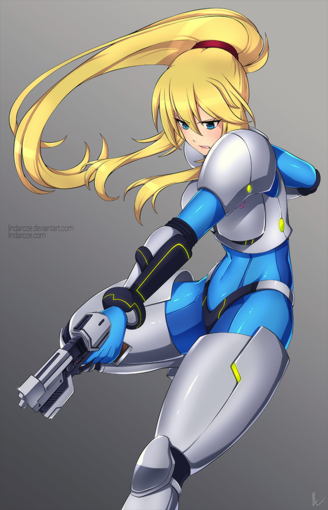 1girl alina_pegova armor blonde_hair blue_eyes bodysuit breasts commission gun long_hair medium_breasts metroid nintendo ponytail samus_aran simple_background skin_tight solo weapon zero_suit