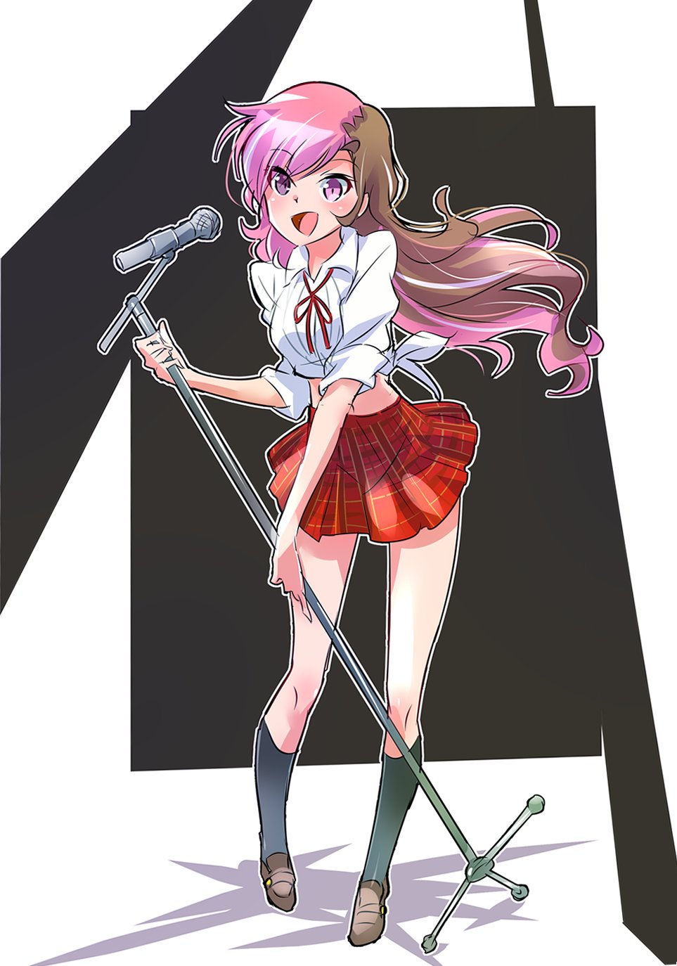 1girl alternate_costume black_legwear brown_eyes brown_hair heterochromia highres iesupa microphone microphone_stand midriff multicolored_hair navel neo_(rwby) pink_eyes pink_hair plaid plaid_skirt rwby shirt skirt solo white_shirt