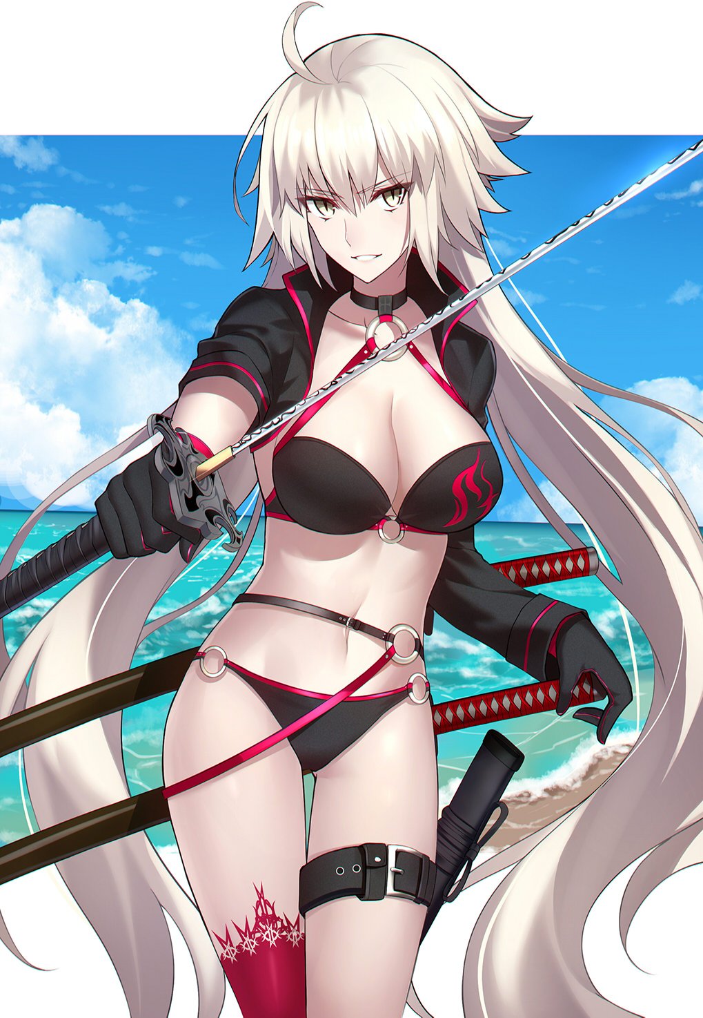 1girl ahoge bangs beach bikini black_bikini black_gloves black_jacket breasts choker cleavage clouds cloudy_sky collarbone commentary commentary_request cowboy_shot eyebrows_visible_through_hair fate/grand_order fate_(series) gloves hair_between_eyes highres holding holding_sword holding_weapon jacket jeanne_d'arc_(alter_swimsuit_berserker) jeanne_d'arc_(fate)_(all) large_breasts long_hair looking_at_viewer o-ring ocean open_mouth partial_commentary shiguru sky smile solo swimsuit sword thigh-highs thigh_strap weapon yellow_eyes