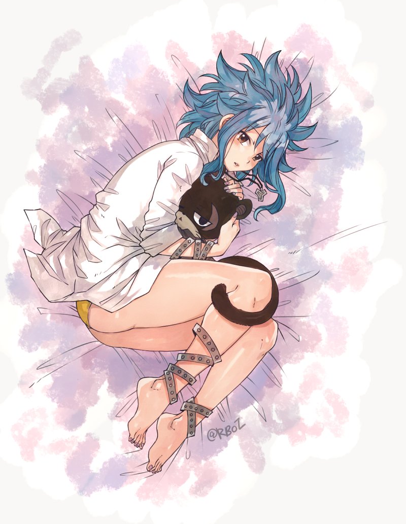 1girl anklet barefoot bed_sheet blue_hair bracelet brown_eyes cat eyebrows_visible_through_hair fairy_tail from_above hair_between_eyes jewelry levy_mcgarden long_hair looking_at_viewer lying nail_polish necklace on_side pantherlily panties parted_lips pink_nails rusky shiny shiny_skin shirt sketch solo spiky_hair toenail_polish underwear white_shirt yellow_panties