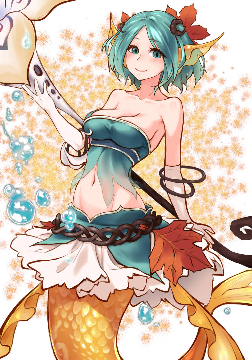 animal_ears aqua_eyes aqua_hair autumn_leaves bangle belt bracelet breasts cleavage elbow_gloves gloves groin hestia_(sdorica_-sunset-) highres jewelry leaf looking_at_viewer medium_breasts mermaid midriff monster_girl navel pote0508 sdorica_-sunset- short_hair simple_background smile staff white_gloves