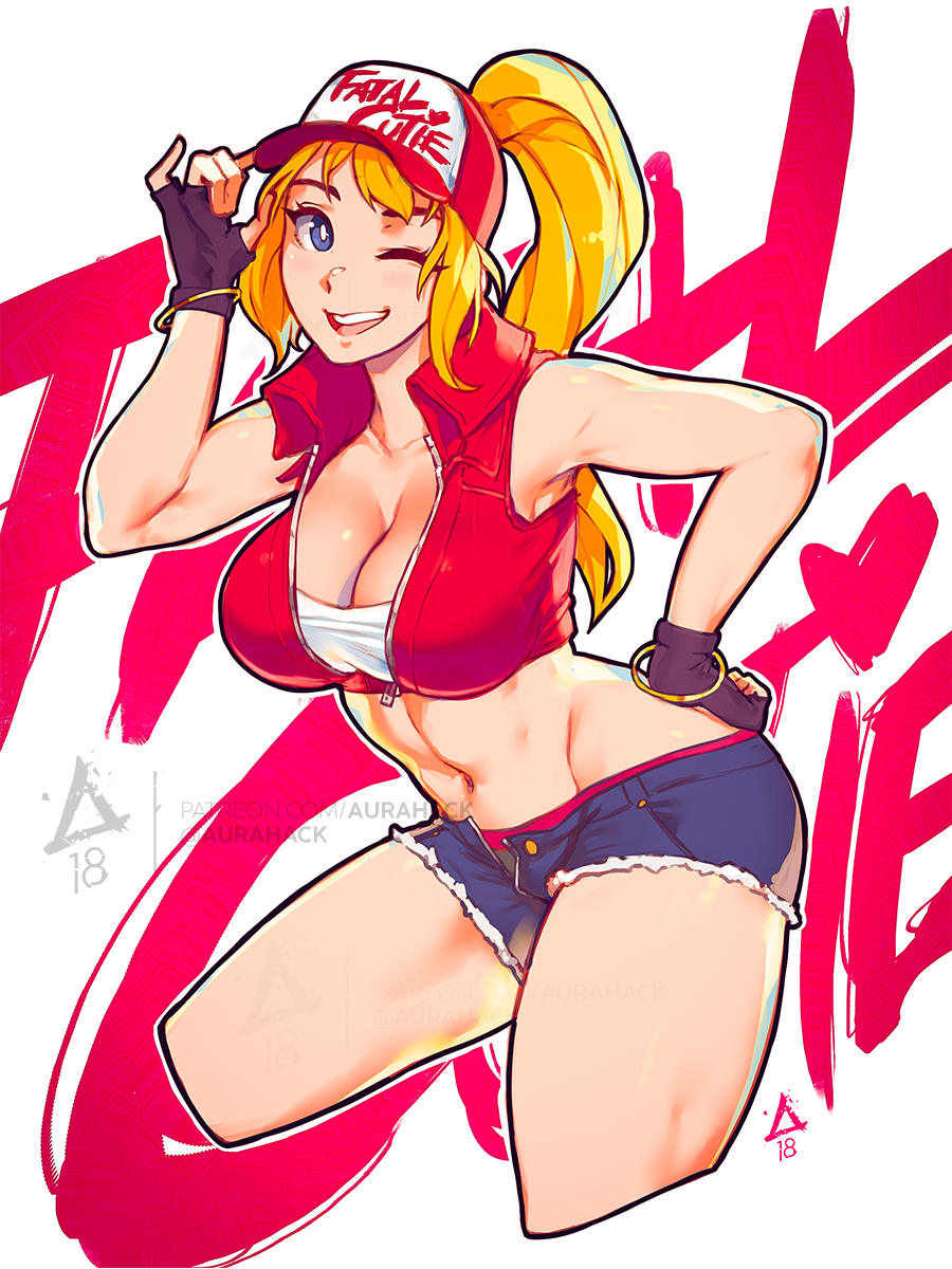 1girl artist_name bangle baseball_cap blonde_hair bracelet breasts cleavage cropped_jacket cropped_legs denim denim_shorts erica_june_lahaie fatal_fury fingerless_gloves genderswap genderswap_(mtf) gloves hand_on_hip hat heart highres jewelry large_breasts looking_at_viewer midriff navel one_eye_closed open_mouth short_shorts shorts simple_background sleeveless smile snk_heroines:_tag_team_frenzy solo terry_bogard text_focus the_king_of_fighters unzipped watermark web_address white_background