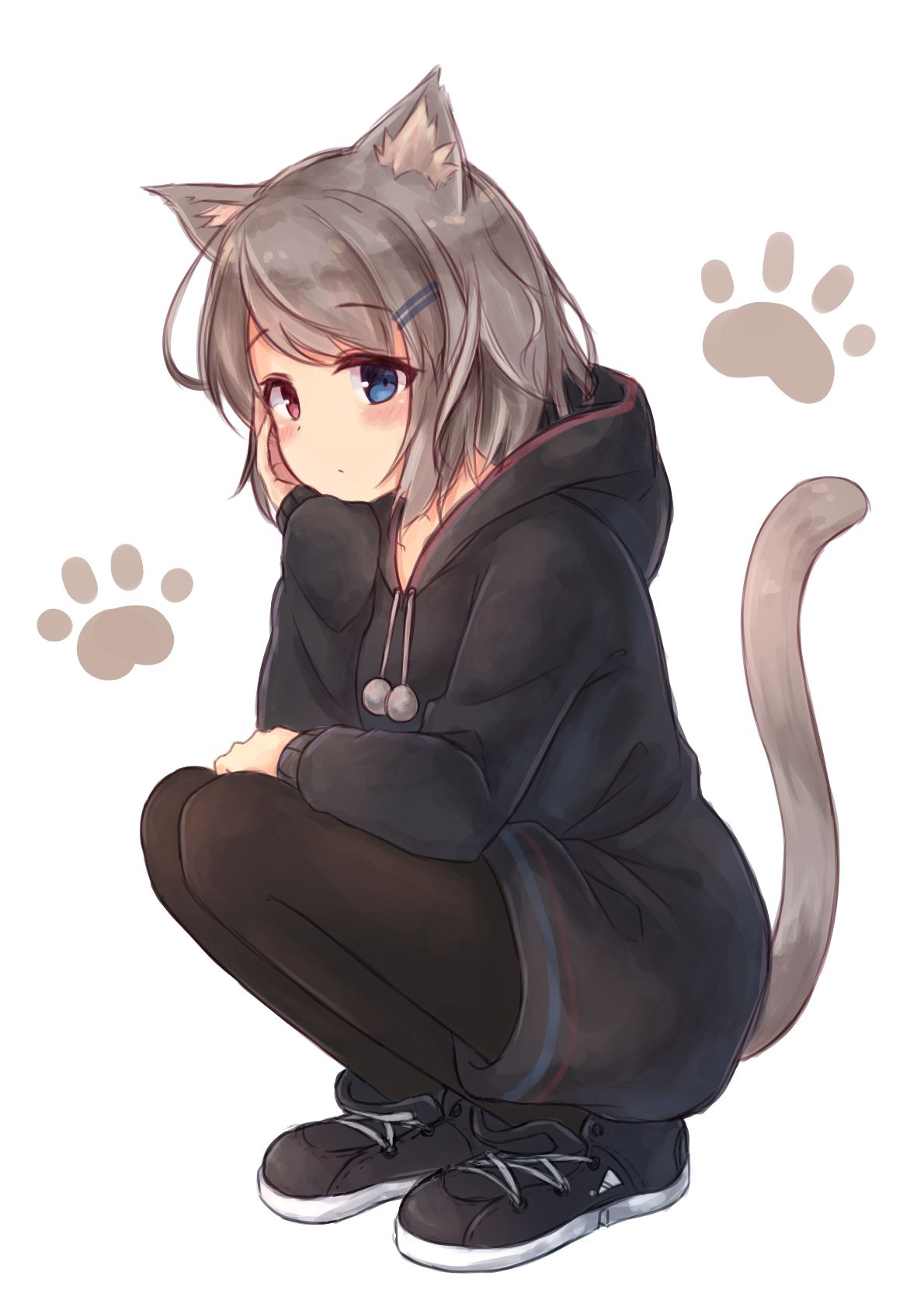 1girl animal_ears bangs black_footwear black_legwear blue_eyes blush cat_ears cat_tail closed_mouth drawstring eyebrows_visible_through_hair full_body grey_hair hair_ornament hairclip hand_on_own_cheek heterochromia highres hood hood_down long_hair long_sleeves looking_at_viewer maka_neko original pantyhose paw_background pink_eyes pom_pom_(clothes) shoes solo squatting straight_hair swept_bangs tail very_long_hair white_background