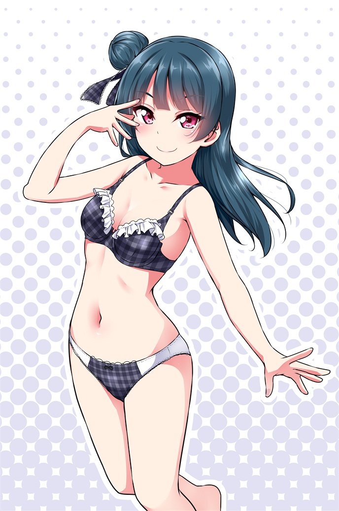 10s 1girl bangs blue_hair blush bra breasts collarbone commentary_request frilled_bra frills halftone halftone_background hand_on_own_face hand_up long_hair looking_at_viewer love_live! love_live!_sunshine!! medium_breasts midriff navel panties pink_hair plaid plaid_bra plaid_panties plaid_ribbon ribbon side_bun side_ribbon smile solo standing tsushima_yoshiko underwear underwear_only violet_eyes yopparai_oni