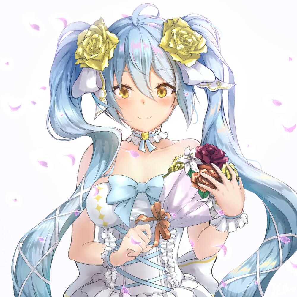 1girl ahoge bangs bare_shoulders blue_ribbon blush bouquet breasts brown_ribbon cherry_blossoms choker collarbone dress eyebrows_visible_through_hair falling_petals flower frilled_choker frilled_cuffs frilled_dress frills hair_between_eyes hair_flower hair_ornament hair_ribbon holding holding_bouquet king's_raid light_blue_hair lily_(flower) long_hair looking_at_viewer medium_breasts orange_flower orange_rose pnt_(ddnu4555) red_flower red_rose ribbon rose shiny shiny_hair sidelocks simple_background smile solo sonia_(king's_raid) strapless strapless_dress twintails upper_body very_long_hair wavy_hair wedding_dress white_background white_choker white_dress white_ribbon wrist_cuffs yellow_eyes yellow_flower yellow_rose