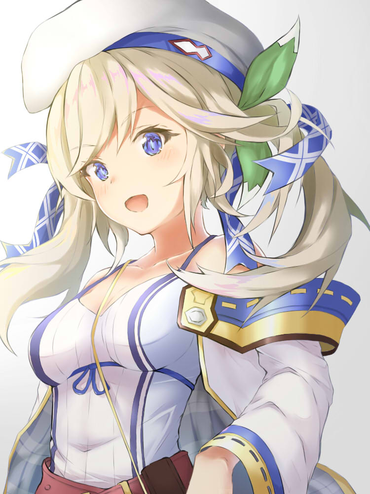 1girl :d bangs bare_shoulders belt beret blonde_hair blue_eyes blue_ribbon blush breasts camisole cleavage collarbone covered_navel cucouroux_(granblue_fantasy) eyebrows_visible_through_hair eyelashes gradient gradient_background granblue_fantasy green_ribbon grey_background hair_ribbon hat jacket long_hair looking_at_viewer medium_breasts off_shoulder open_mouth plaid plaid_ribbon pnt_(ddnu4555) red_belt rei_no_himo ribbon sidelocks simple_background slit_pupils smile solo spaghetti_strap standing swept_bangs twintails upper_body white_beret white_camisole white_jacket