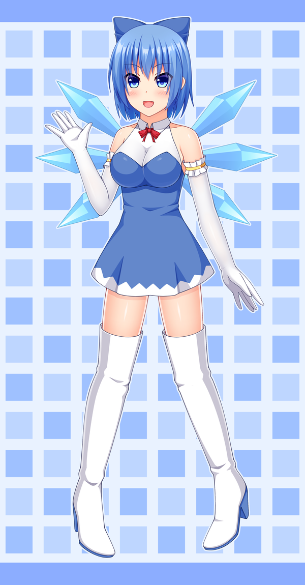 1girl adapted_costume blue_eyes blue_hair boots breasts cirno elbow_gloves enu_naitsu eyebrows_visible_through_hair gloves ice ice_wings looking_at_viewer sleeveless smile thigh-highs thigh_boots touhou wings