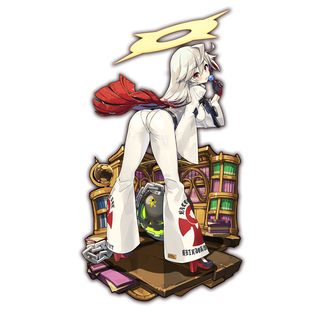 1girl ahoge artist_request ass ass_focus ball_and_chain bodysuit book bookshelf candy food full_body guilty_gear guilty_gear_xrd halo jack-o'_valentine last_period lollipop long_hair looking_back multicolored_hair pants red_eyes redhead two-tone_hair very_long_hair white_hair