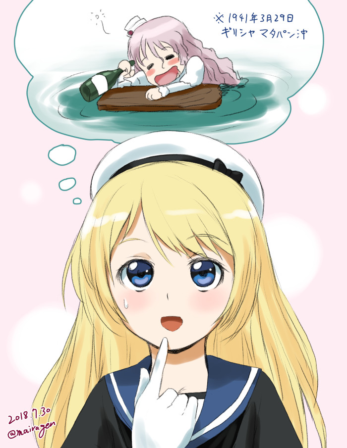 2girls blonde_hair blue_eyes blue_sailor_collar dated dress gloves hat imagining jervis_(kantai_collection) kantai_collection looking_up maira_gen multiple_girls pola_(kantai_collection) sailor_collar sailor_dress sailor_hat short_sleeves solo_focus translated twitter_username upper_body white_gloves white_hat