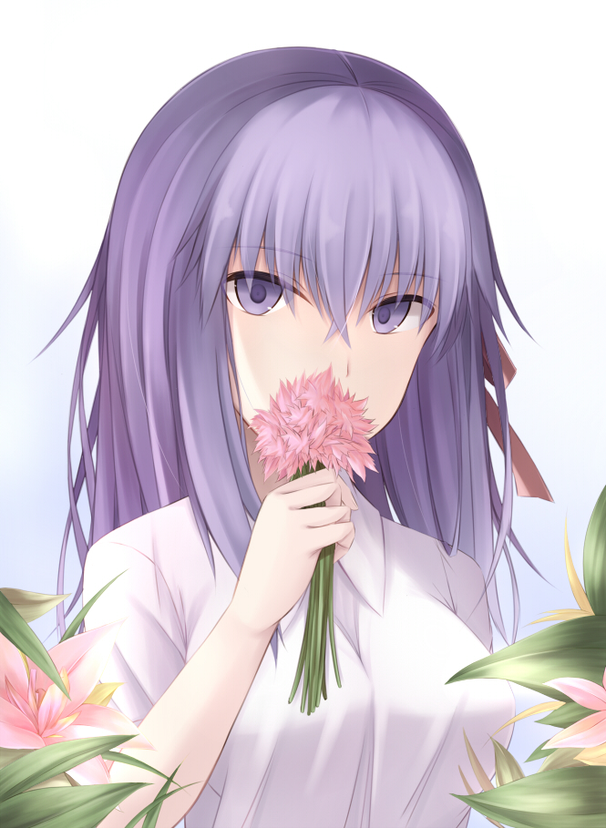 1girl covered_mouth eyebrows_visible_through_hair fate/stay_night fate_(series) flower hair_between_eyes hair_ribbon holding holding_flower kanpyou_(hghgkenfany) long_hair looking_at_viewer matou_sakura pink_flower purple_hair red_ribbon ribbon shirt solo upper_body violet_eyes white_background white_shirt