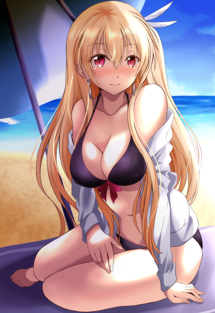 1girl alisa_reinford alternate_costume barefoot beach beach_towel beach_umbrella bikini blonde_hair blush breasts cleavage clouds cloudy_sky collarbone earrings eiyuu_densetsu hair_between_eyes hair_ornament jacket jewelry kagura_yuuto long_hair long_sleeves looking_at_viewer medium_breasts navel ocean off_shoulder red_eyes sen_no_kiseki sky smile solo swimsuit towel umbrella