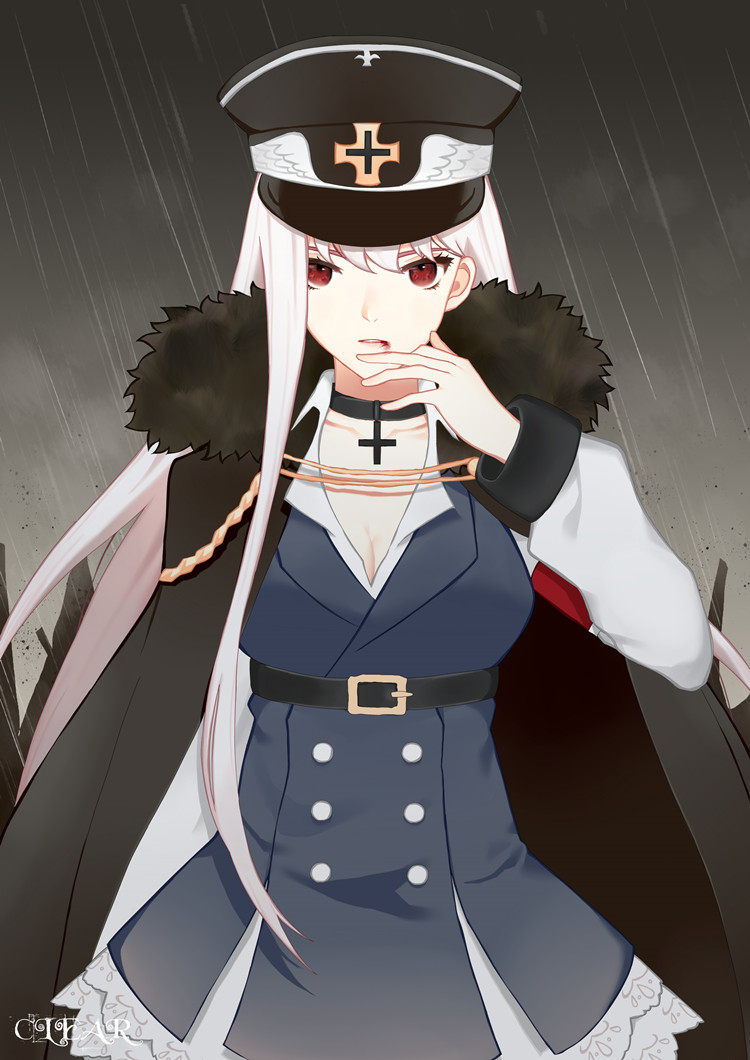 1girl blood blood_on_face breasts cape cleavage cross girls_frontline hat jacket kar98k_(girls_frontline) long_hair looking_at_viewer military military_hat military_uniform red_eyes silver_hair simple_background solo tagme uniform user_iza2829