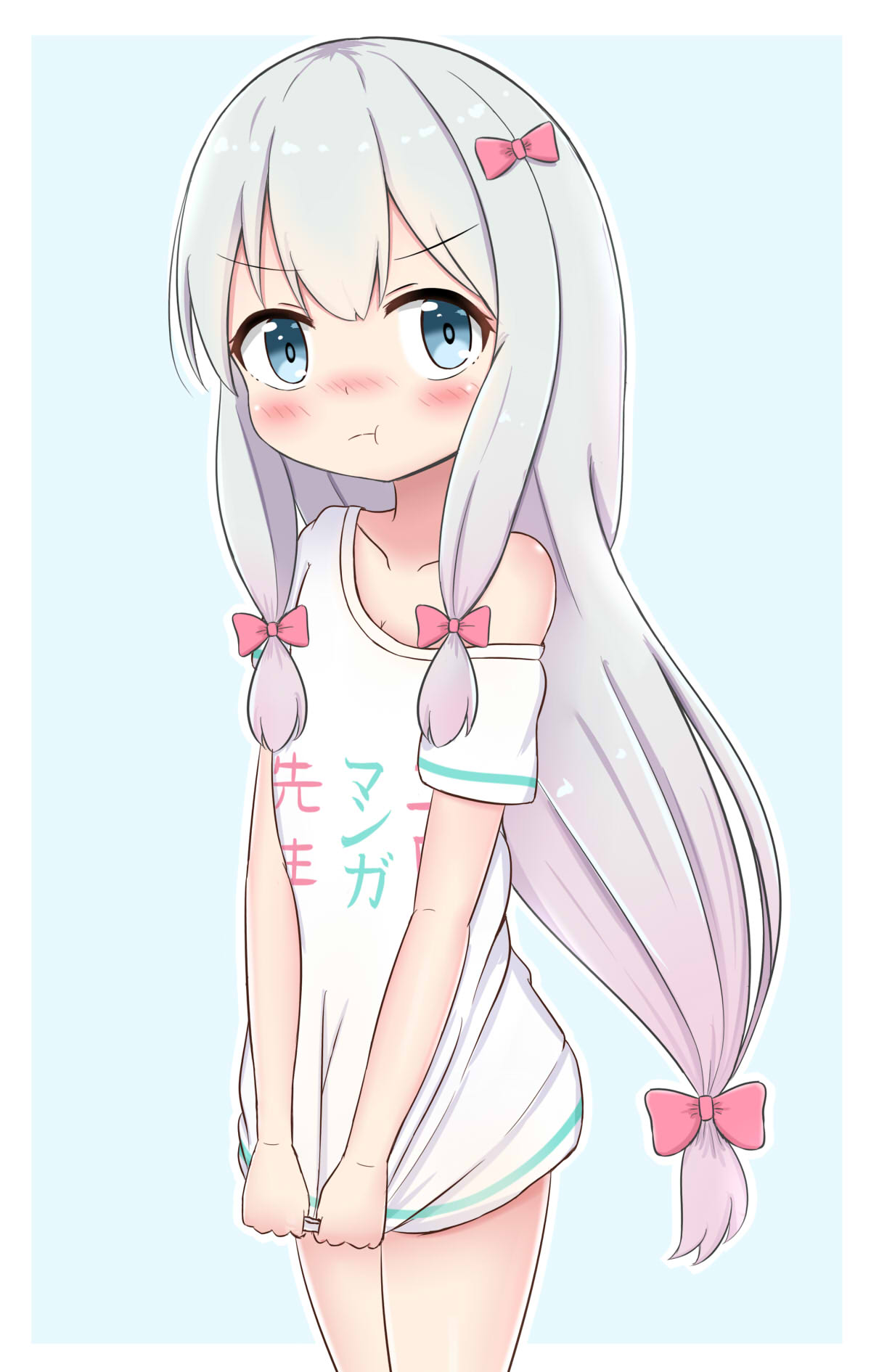 1girl :t bangs blue_eyes blush bow closed_mouth clothes_writing collarbone commentary_request covering covering_crotch eromanga_sensei eyebrows_visible_through_hair gradient_hair hair_between_eyes hair_bow highres izumi_sagiri jiu_(sdesd3205) long_hair low-tied_long_hair multicolored_hair nose_blush off_shoulder outline pink_bow pink_hair pout shirt shirt_tug short_sleeves sidelocks silver_hair solo very_long_hair white_outline white_shirt