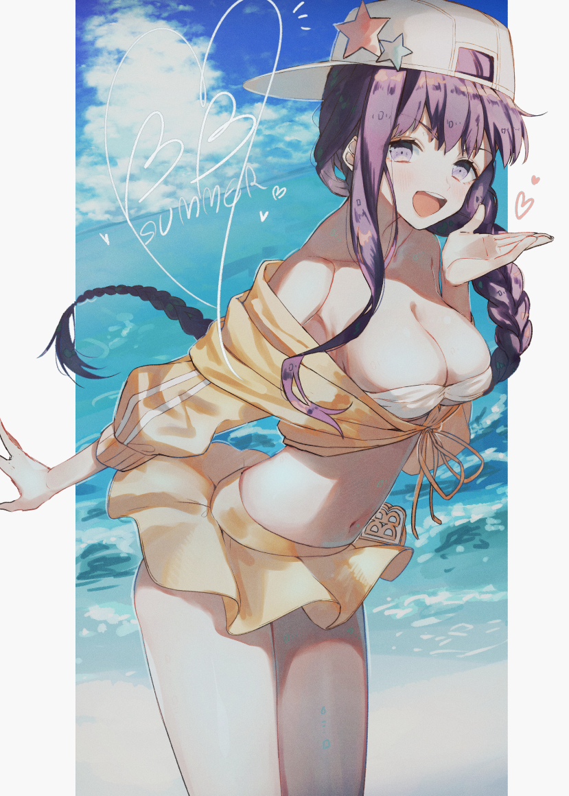 1girl bangs bare_shoulders bb_(fate/extra_ccc) beach braid breasts cleavage day fate/extra fate/extra_ccc fate/grand_order fate_(series) jacket long_hair looking_at_viewer ocean purple_hair skirt skirt_lift smile solo star thighs very_long_hair violet_eyes white_cap yellow_jacket yellow_skirt yuno_tsuitta