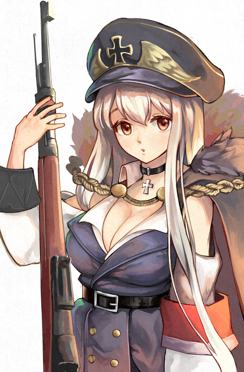 1girl breasts brown_eyes cleavage cross girls_frontline hat highres jacket kar98k_(girls_frontline) long_hair looking_at_viewer military military_hat military_uniform pluscolor silver_hair simple_background solo tagme uniform