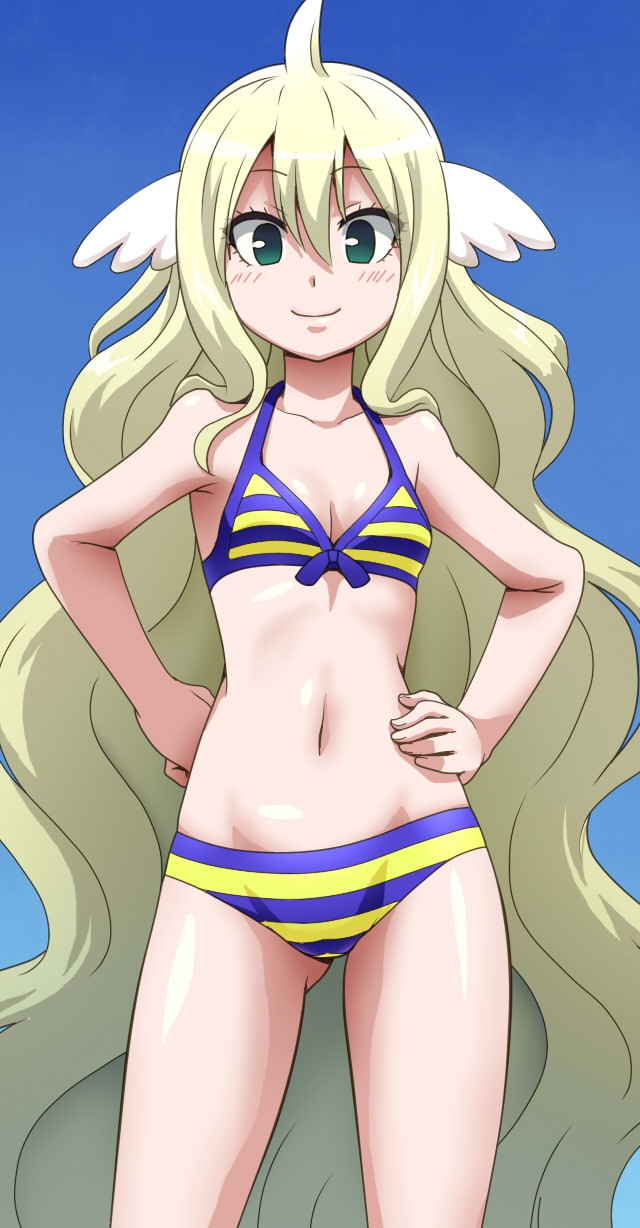1girl ass_visible_through_thighs awa bikini blonde_hair blue_background bow_bikini breasts closed_mouth commentary_request cowboy_shot eyebrows_visible_through_hair fairy_tail_zero gradient gradient_background green_eyes hands_on_hips head_wings highres long_hair looking_at_viewer mavis_vermilion multicolored multicolored_stripes navel small_breasts smile solo standing striped striped_bikini swimsuit very_long_hair