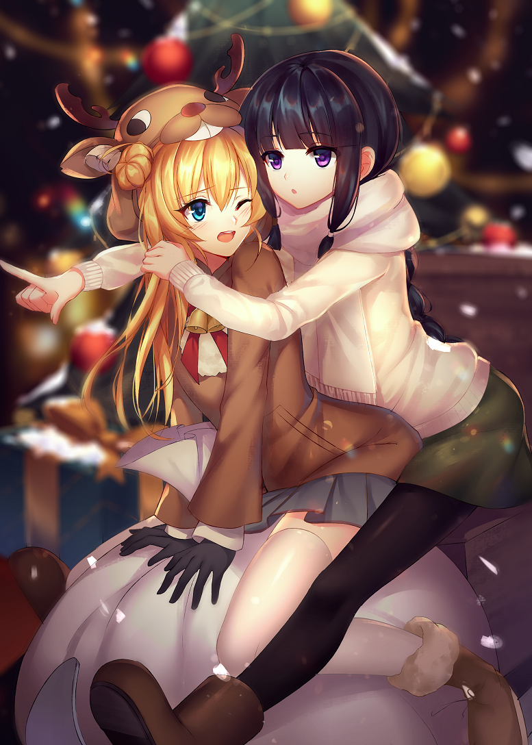 2girls abukuma_(kantai_collection) alternate_costume animal_costume black_gloves black_hair black_legwear blonde_hair blue_eyes blush braid brown_footwear christmas christmas_tree double_bun gloves grey_skirt hair_between_eyes kantai_collection kitakami_(kantai_collection) long_hair long_sleeves mallizmora multiple_girls one_eye_closed open_mouth pantyhose pleated_skirt pointing reindeer_costume sidelocks single_braid skirt snow snowing thigh-highs violet_eyes white_legwear