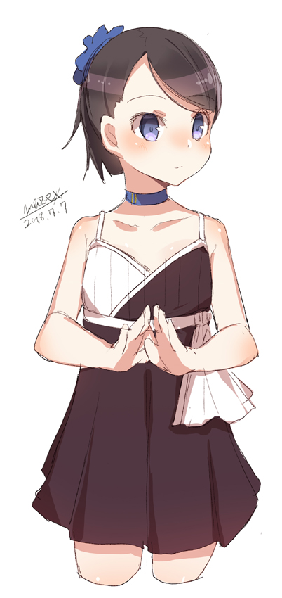 1girl bangs bare_arms bare_shoulders blue_choker blush brown_dress brown_hair choker closed_mouth collarbone cropped_legs dated dress eyebrows_visible_through_hair looking_away looking_to_the_side maze_(gochama_ze_gohan) original pleated_dress short_hair signature simple_background sketch sleeveless sleeveless_dress solo standing swept_bangs white_background
