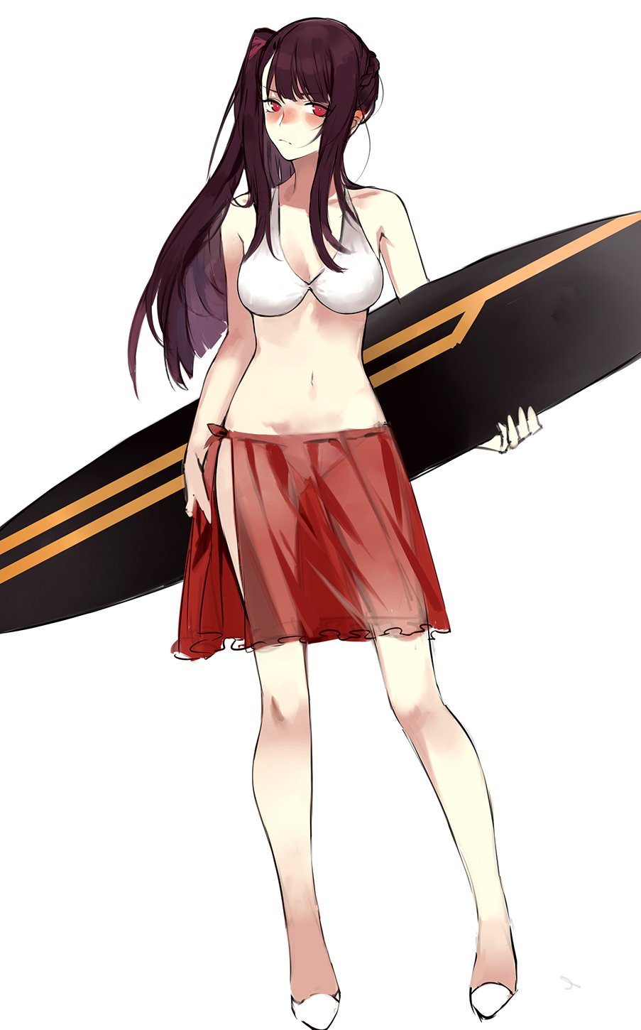 1girl alternate_costume azarea bangs bikini blush braid breasts cleavage closed_mouth french_braid full_body girls_frontline hair_ribbon half_updo head_tilt highres holding_surfboard large_breasts long_hair looking_at_viewer navel one_side_up purple_hair red_eyes red_sarong ribbon sarong see-through shoes sidelocks simple_background solo stomach surfboard swimsuit very_long_hair wa2000_(girls_frontline) white_background white_footwear