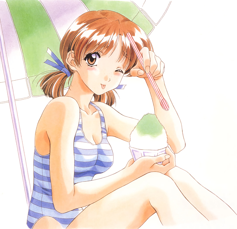 1girl 90s ;p beach_umbrella blue_swimsuit blush breasts brown_eyes brown_hair cleavage cup holding holding_cup kai_tomohisa looking_at_viewer official_art one_eye_closed sentimental_graffiti shaved_ice short_hair short_twintails small_breasts solo striped striped_swimsuit swimsuit tongue tongue_out traditional_media twintails umbrella watercolor_(medium)