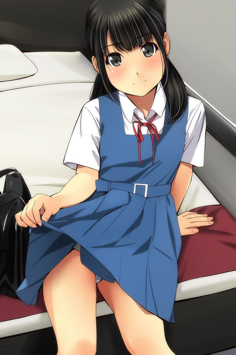 1girl arm_support bag bangs bed black_eyes black_hair blue_dress blush closed_mouth collared_shirt commentary_request dress dress_lift eyebrows_visible_through_hair fingernails head_tilt highres lifted_by_self long_hair low_twintails matsunaga_kouyou neck_ribbon nose_blush on_bed original panties pillow pinafore_dress pleated_dress red_ribbon ribbon school_bag shirt short_sleeves sitting sitting_on_bed sleeveless sleeveless_dress smile solo twintails underwear white_panties white_shirt