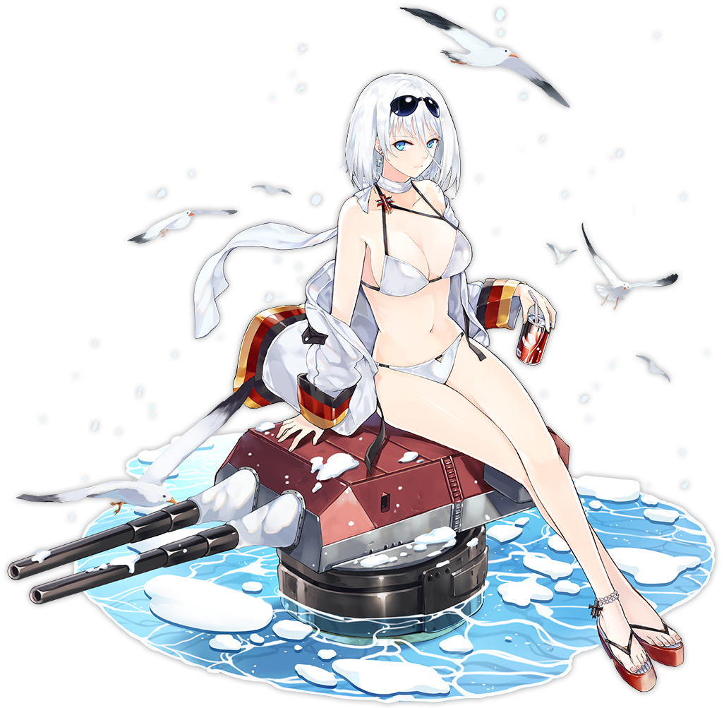 1girl anklet azur_lane bird blue_eyes breasts cleavage closed_mouth collarbone cross cross_earrings drinking_straw earrings eyebrows_visible_through_hair eyewear_on_head full_body grey_hair hao_(patinnko) jewelry large_breasts legs_crossed looking_at_viewer navel official_art sandals seagull short_hair sitting solo sunglasses tirpitz_(azur_lane) transparent_background water