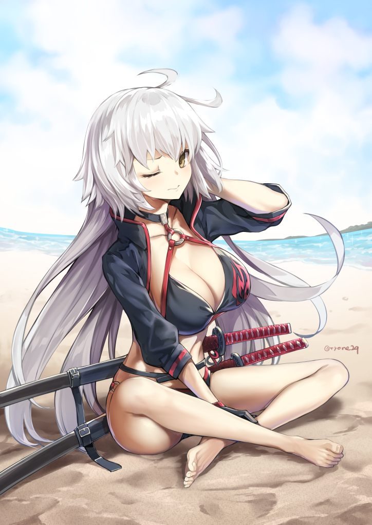 1girl bare_legs barefoot beach bikini black_bikini black_gloves black_jacket blue_sky blush breasts brown_eyes cleavage closed_mouth clouds cloudy_sky commentary_request day fate/grand_order fate_(series) gloves hand_up horizon jacket jeanne_d'arc_(alter_swimsuit_berserker) jeanne_d'arc_(fate)_(all) large_breasts long_hair long_sleeves o-ring o-ring_bikini o-ring_top ocean one_eye_closed outdoors sand silver_hair sitting sky solo swimsuit toenails twitter_username tyone very_long_hair water