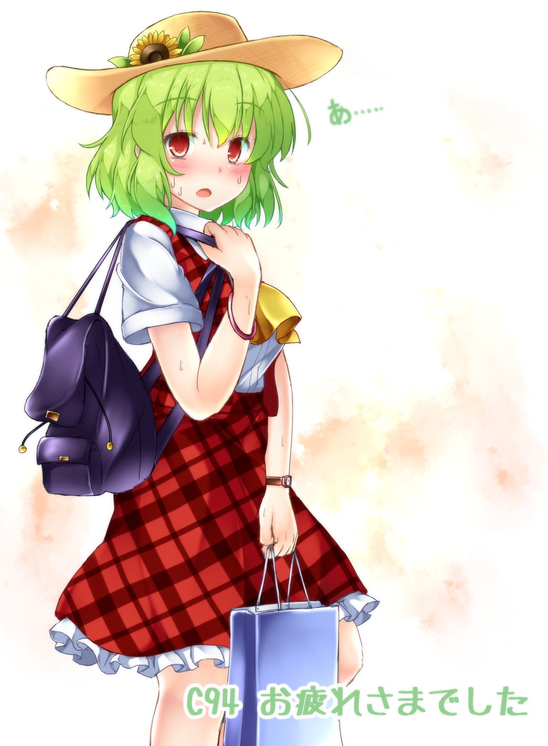 1girl aka_tawashi ascot backpack bag bangs blush breasts commentary_request eyebrows_visible_through_hair feet_out_of_frame flower green_hair hair_between_eyes hand_up hat hat_flower highres holding holding_bag kazami_yuuka leaf looking_at_viewer medium_breasts open_mouth petticoat plaid plaid_skirt plaid_vest red_eyes red_skirt red_vest shirt shopping_bag short_hair short_sleeves skirt solo standing sun_hat sunflower sweat touhou translated unmoving_pattern vest watch white_shirt wing_collar yellow_neckwear