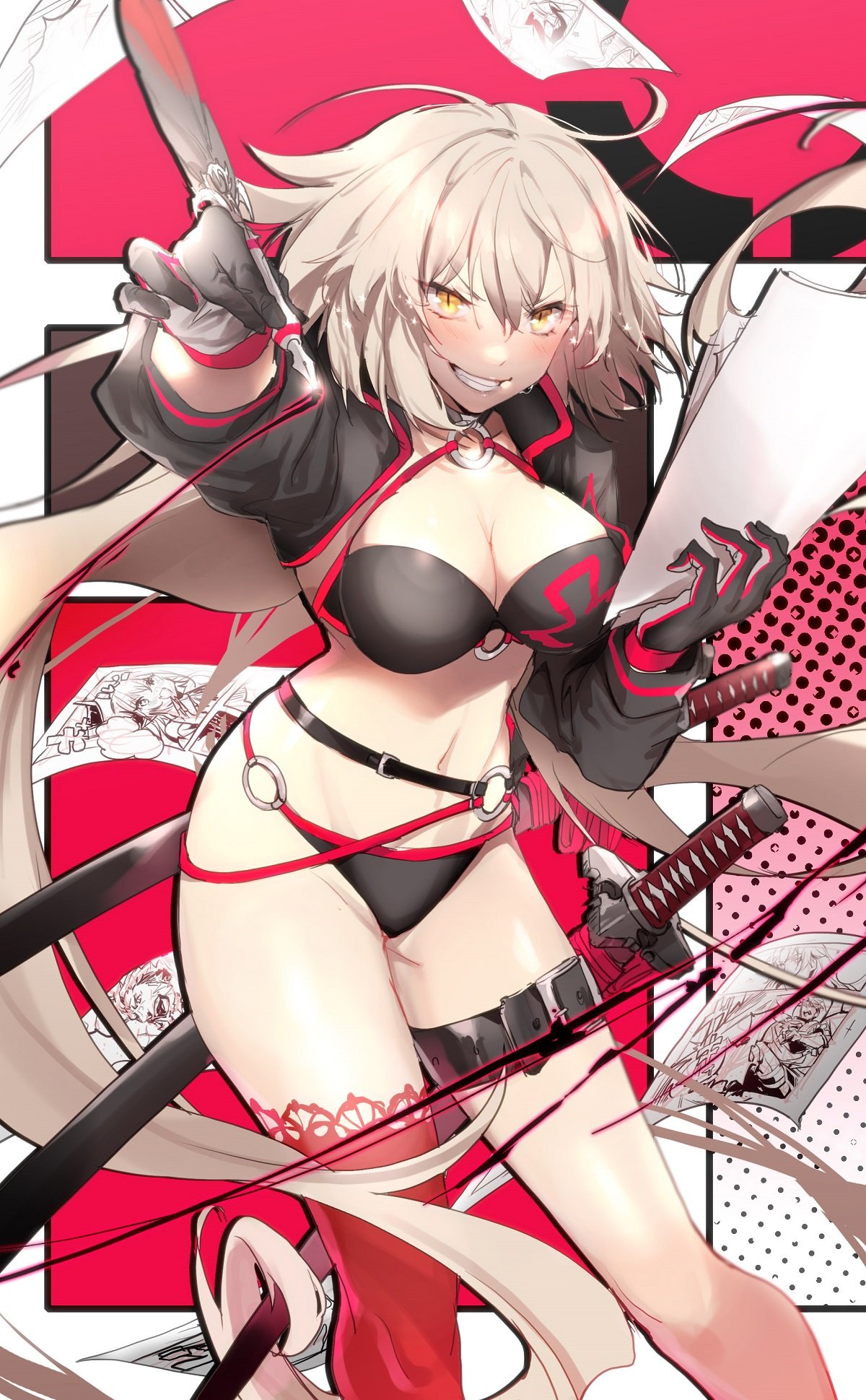 1girl bikini black_gloves drawing fate/grand_order fate_(series) gloves grin highres holding holding_paper ink jeanne_d'arc_(alter_swimsuit_berserker) katana manga_(object) no-kan paper quill single_thighhigh slit_pupils smile sweat swimsuit sword thigh-highs weapon yellow_eyes