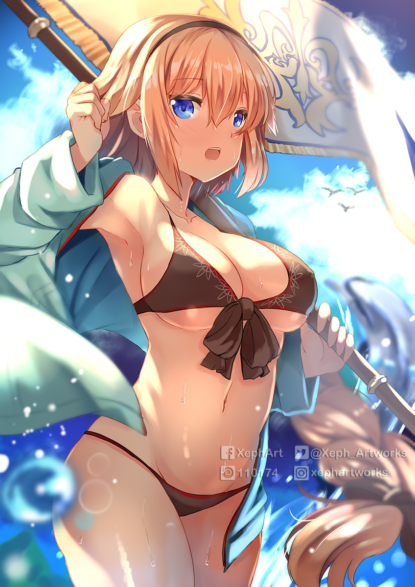 1girl arm_up artist_name bangs bikini bird black_bikini black_hairband blonde_hair blue_eyes blue_jacket blue_sky blush braid breasts cleavage clouds cloudy_sky collarbone cowboy_shot day eyebrows_visible_through_hair facebook_username fate/grand_order fate_(series) fingernails flag front-tie_bikini front-tie_top hair_between_eyes hairband highres holding holding_flag jacket jeanne_d'arc_(fate)_(all) jeanne_d'arc_(swimsuit_archer) large_breasts long_hair long_sleeves looking_at_viewer medium_breasts navel nose_blush open_clothes open_jacket open_mouth outdoors pixiv_id round_teeth sidelocks single_braid sky solo standing swimsuit teeth twitter_username upper_teeth very_long_hair wet wide_sleeves xephonia