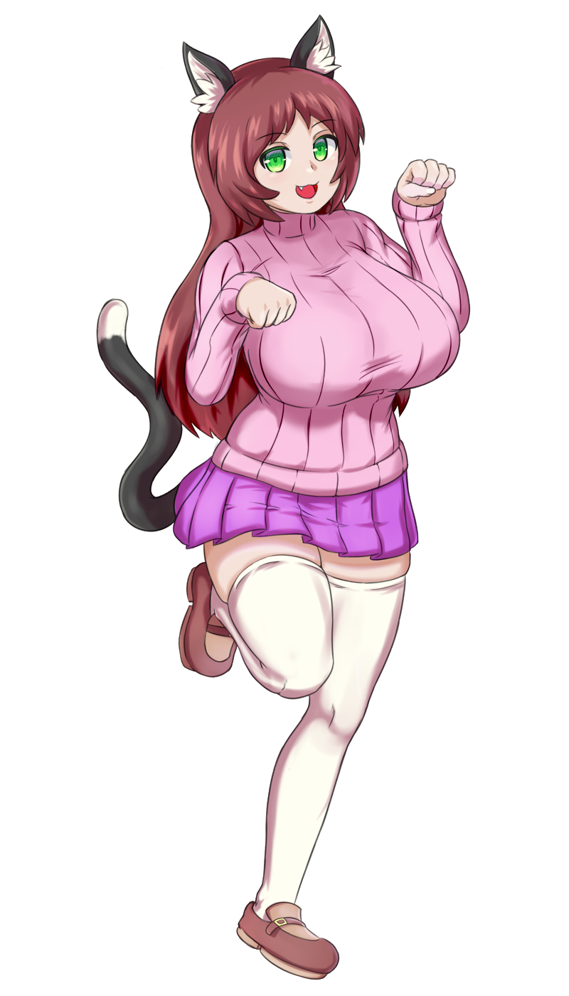 1girl :3 :d animal_ear_fluff animal_ears borrowed_character brown_footwear brown_hair cat_ears cat_tail commentary commission english_commentary eyebrows_visible_through_hair fang full_body green_eyes highres long_hair long_sleeves looking_at_viewer nav open_mouth original paw_pose pink_sweater pleated_skirt purple_skirt ribbed_sweater shoes skirt smile solo standing standing_on_one_leg sweater tail thick_thighs thigh-highs thighs transparent_background white_legwear zettai_ryouiki