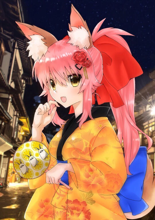 &lt;o&gt;_&lt;o&gt; 1girl animal_ear_fluff animal_ears breasts earrings egyptian egyptian_clothes fang fate/grand_order fate_(series) fox_ears fox_tail hair_ornament hair_ribbon hairclip hoop_earrings jackal_ears japanese_clothes jewelry kimono large_breasts looking_at_viewer medjed mimi night night_sky nightgown nitocris_(fate/grand_order) open_mouth outdoors pink_hair ponytail purple_hair red_ribbon ribbon sky solo tail tamamo_(fate)_(all) tamamo_cat_(fate) yellow_eyes