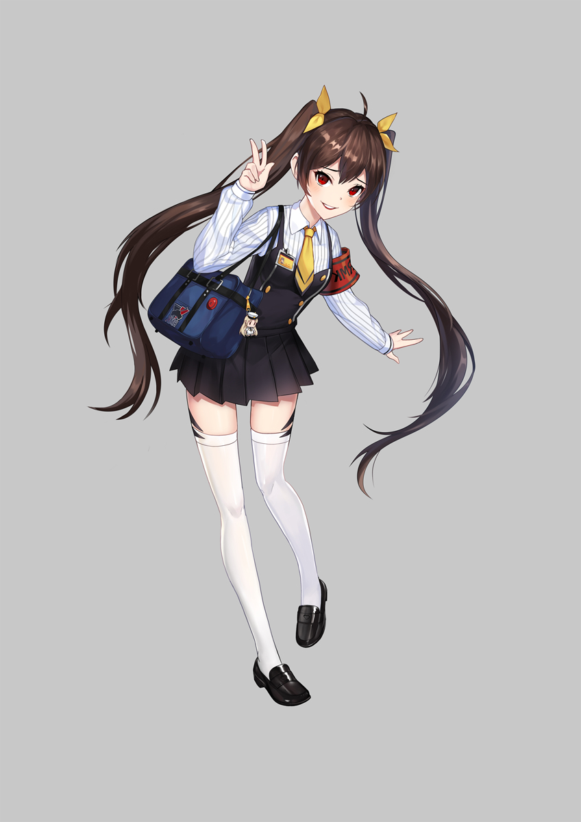 1girl armband badge bag bag_charm black_footwear black_skirt bookbag button_badge charm_(object) dress full_body grey_background hair_ribbon hand_up handbag highres id_card loafers long_hair looking_at_viewer obli original pinafore_dress red_eyes ribbon school_uniform shoes simple_background skirt solo standing thigh-highs twintails v very_long_hair white_legwear yellow_neckwear yellow_ribbon